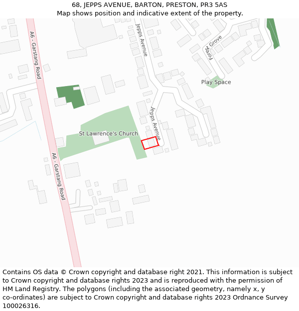 68, JEPPS AVENUE, BARTON, PRESTON, PR3 5AS: Location map and indicative extent of plot