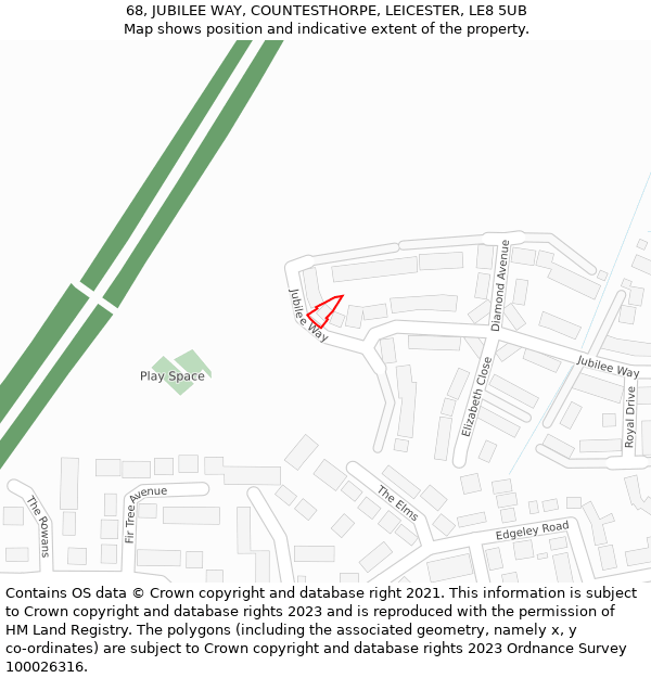 68, JUBILEE WAY, COUNTESTHORPE, LEICESTER, LE8 5UB: Location map and indicative extent of plot