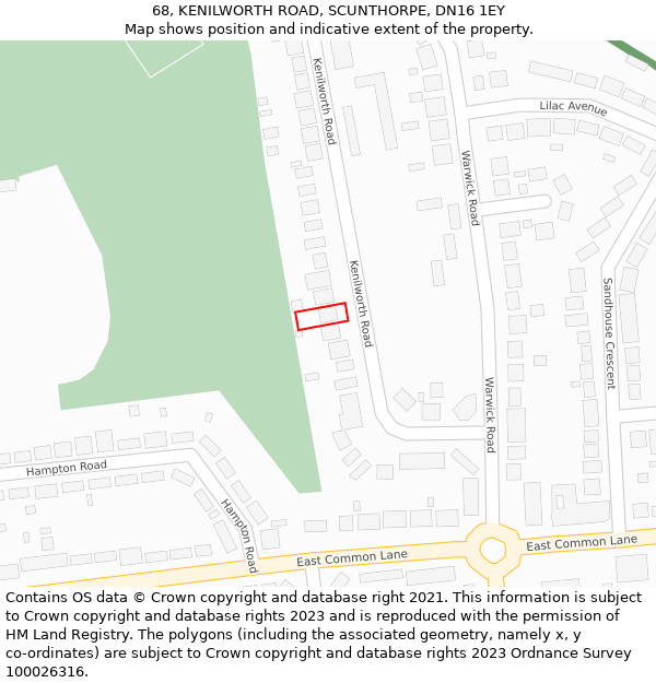 68, KENILWORTH ROAD, SCUNTHORPE, DN16 1EY: Location map and indicative extent of plot