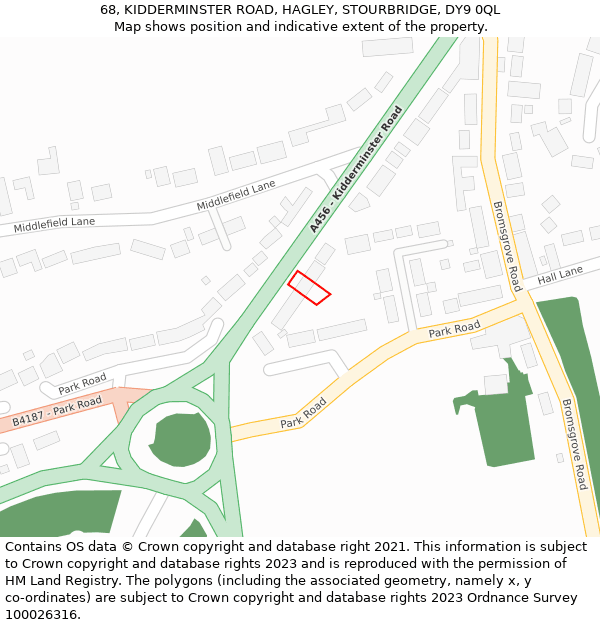 68, KIDDERMINSTER ROAD, HAGLEY, STOURBRIDGE, DY9 0QL: Location map and indicative extent of plot
