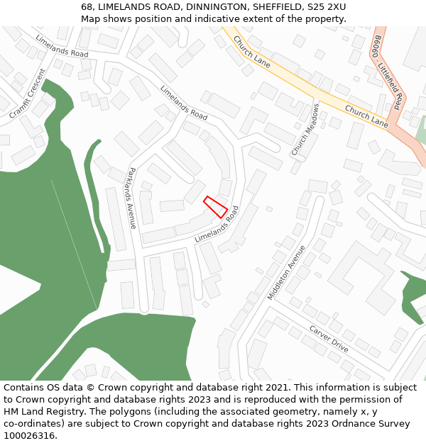 68, LIMELANDS ROAD, DINNINGTON, SHEFFIELD, S25 2XU: Location map and indicative extent of plot