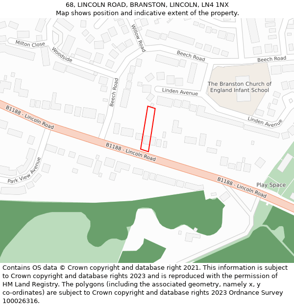 68, LINCOLN ROAD, BRANSTON, LINCOLN, LN4 1NX: Location map and indicative extent of plot