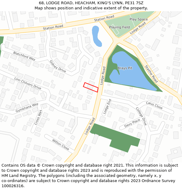 68, LODGE ROAD, HEACHAM, KING'S LYNN, PE31 7SZ: Location map and indicative extent of plot