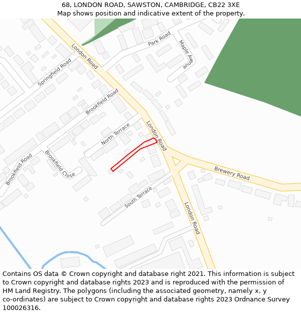 68, LONDON ROAD, SAWSTON, CAMBRIDGE, CB22 3XE: Location map and indicative extent of plot