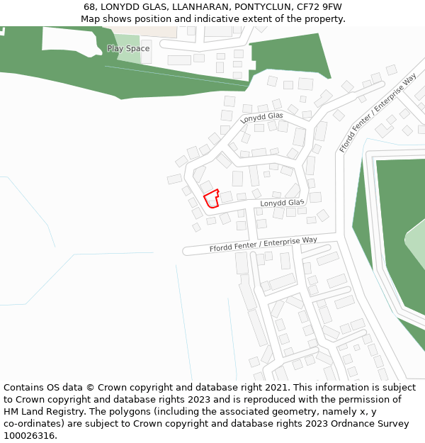 68, LONYDD GLAS, LLANHARAN, PONTYCLUN, CF72 9FW: Location map and indicative extent of plot