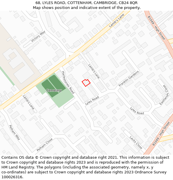 68, LYLES ROAD, COTTENHAM, CAMBRIDGE, CB24 8QR: Location map and indicative extent of plot