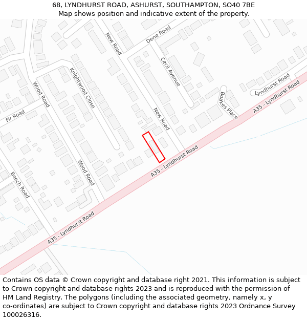 68, LYNDHURST ROAD, ASHURST, SOUTHAMPTON, SO40 7BE: Location map and indicative extent of plot