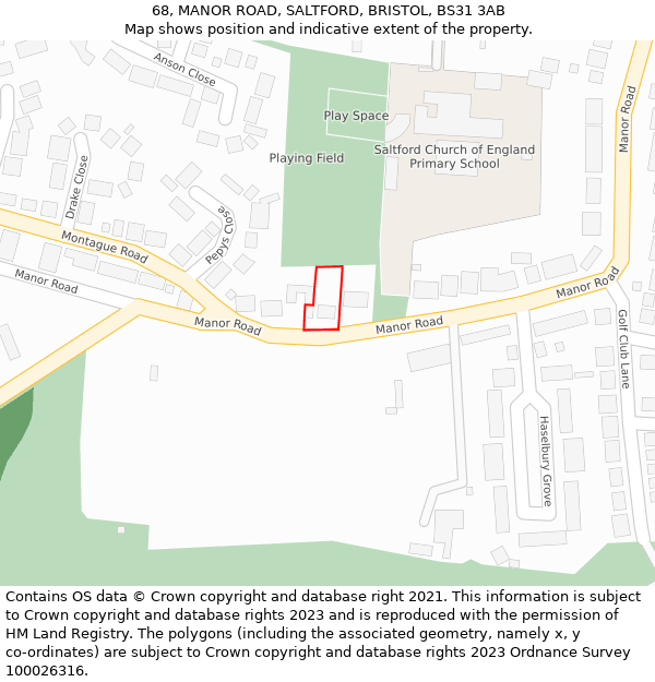 68, MANOR ROAD, SALTFORD, BRISTOL, BS31 3AB: Location map and indicative extent of plot