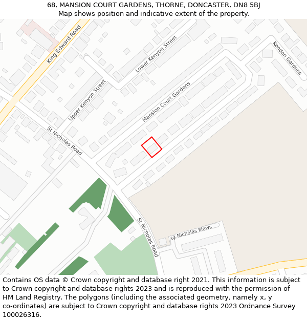 68, MANSION COURT GARDENS, THORNE, DONCASTER, DN8 5BJ: Location map and indicative extent of plot