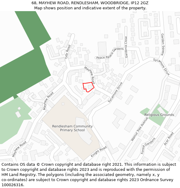 68, MAYHEW ROAD, RENDLESHAM, WOODBRIDGE, IP12 2GZ: Location map and indicative extent of plot