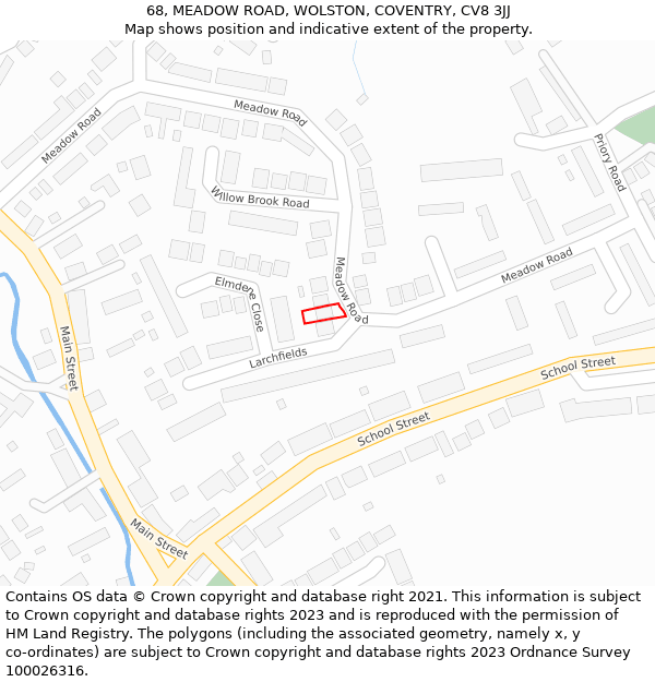 68, MEADOW ROAD, WOLSTON, COVENTRY, CV8 3JJ: Location map and indicative extent of plot