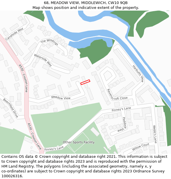 68, MEADOW VIEW, MIDDLEWICH, CW10 9QB: Location map and indicative extent of plot