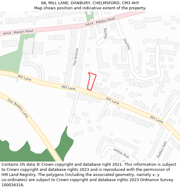 68, MILL LANE, DANBURY, CHELMSFORD, CM3 4HY: Location map and indicative extent of plot