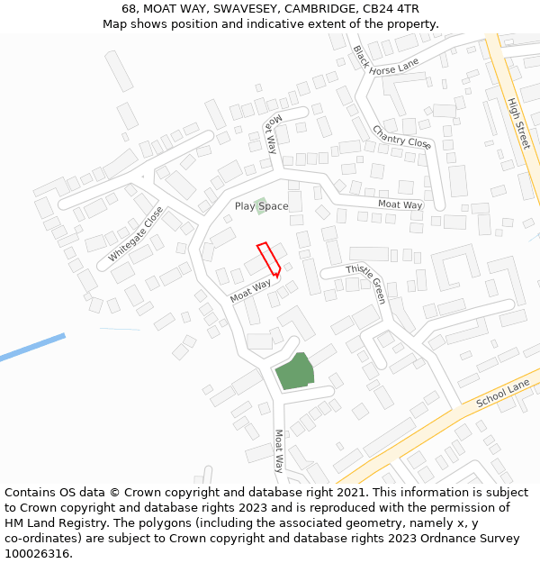 68, MOAT WAY, SWAVESEY, CAMBRIDGE, CB24 4TR: Location map and indicative extent of plot