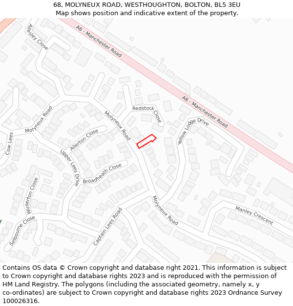 68, MOLYNEUX ROAD, WESTHOUGHTON, BOLTON, BL5 3EU: Location map and indicative extent of plot
