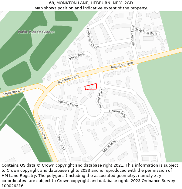68, MONKTON LANE, HEBBURN, NE31 2GD: Location map and indicative extent of plot
