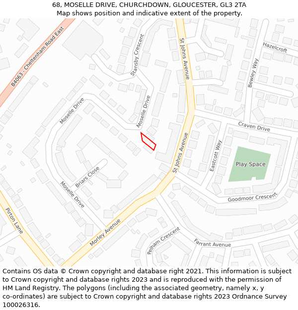 68, MOSELLE DRIVE, CHURCHDOWN, GLOUCESTER, GL3 2TA: Location map and indicative extent of plot