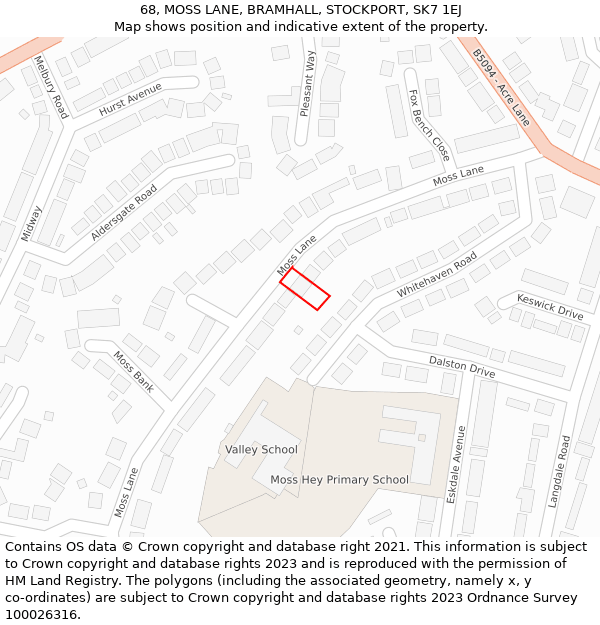 68, MOSS LANE, BRAMHALL, STOCKPORT, SK7 1EJ: Location map and indicative extent of plot
