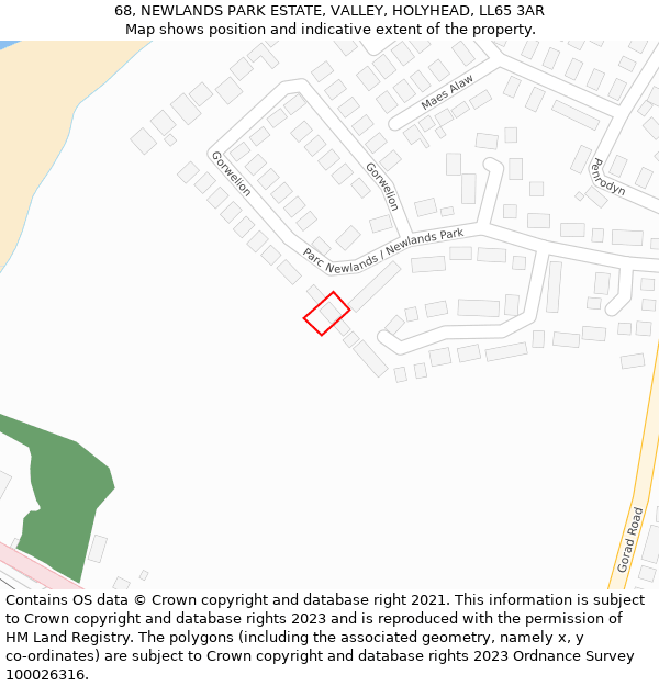 68, NEWLANDS PARK ESTATE, VALLEY, HOLYHEAD, LL65 3AR: Location map and indicative extent of plot