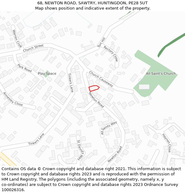 68, NEWTON ROAD, SAWTRY, HUNTINGDON, PE28 5UT: Location map and indicative extent of plot