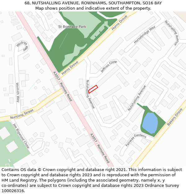 68, NUTSHALLING AVENUE, ROWNHAMS, SOUTHAMPTON, SO16 8AY: Location map and indicative extent of plot