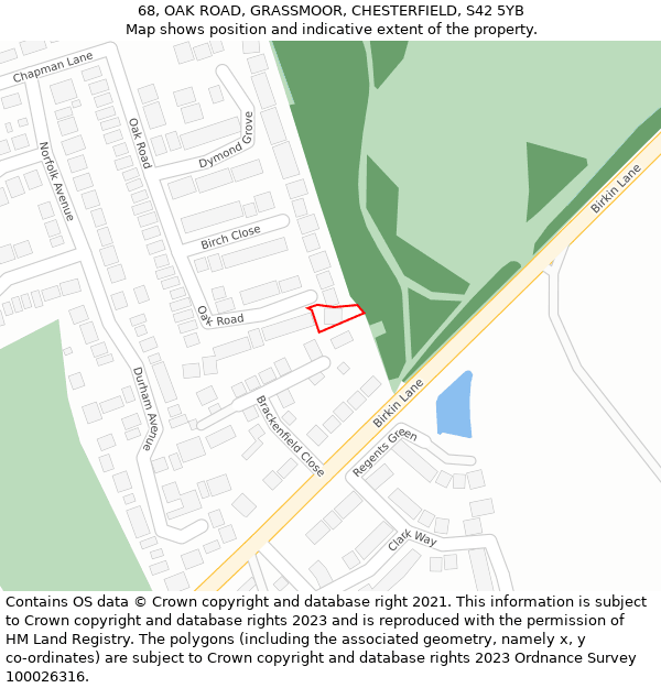 68, OAK ROAD, GRASSMOOR, CHESTERFIELD, S42 5YB: Location map and indicative extent of plot