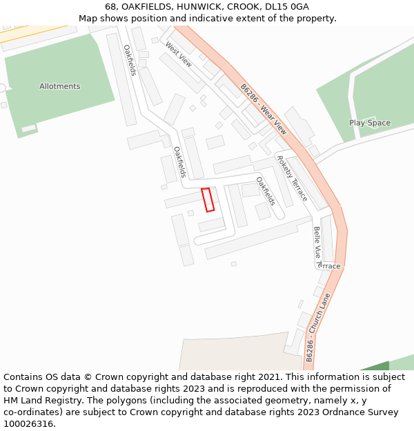 68, OAKFIELDS, HUNWICK, CROOK, DL15 0GA: Location map and indicative extent of plot