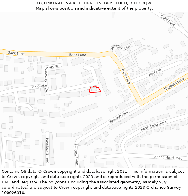 68, OAKHALL PARK, THORNTON, BRADFORD, BD13 3QW: Location map and indicative extent of plot