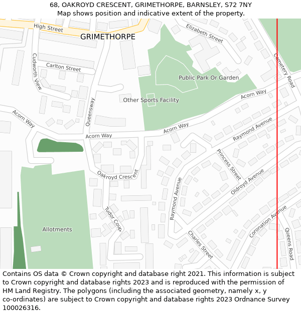 68, OAKROYD CRESCENT, GRIMETHORPE, BARNSLEY, S72 7NY: Location map and indicative extent of plot