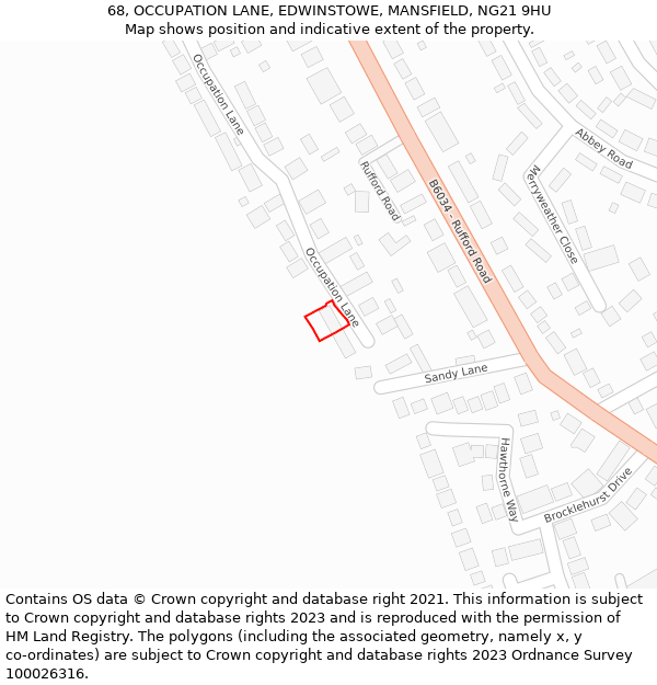 68, OCCUPATION LANE, EDWINSTOWE, MANSFIELD, NG21 9HU: Location map and indicative extent of plot