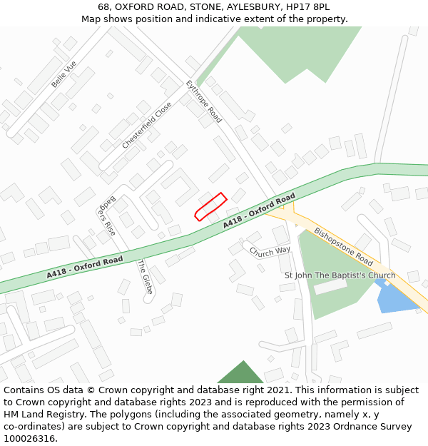 68, OXFORD ROAD, STONE, AYLESBURY, HP17 8PL: Location map and indicative extent of plot