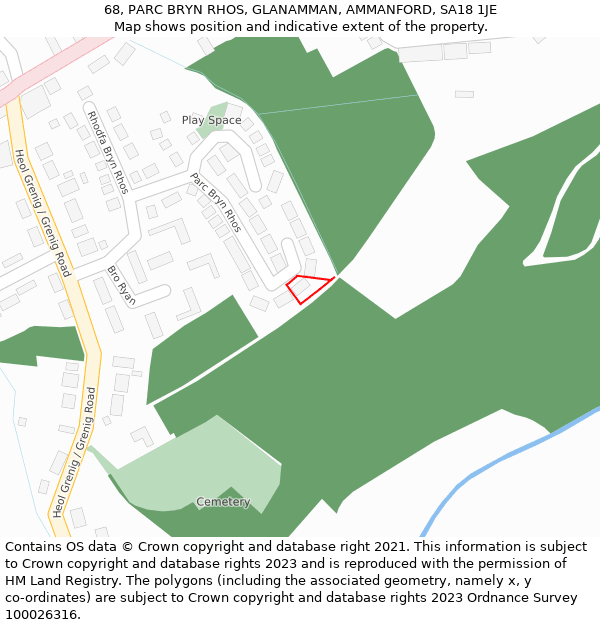 68, PARC BRYN RHOS, GLANAMMAN, AMMANFORD, SA18 1JE: Location map and indicative extent of plot