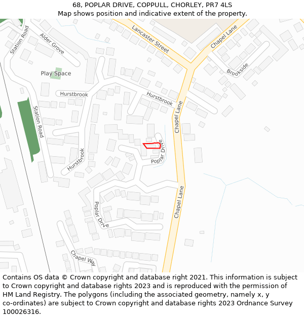 68, POPLAR DRIVE, COPPULL, CHORLEY, PR7 4LS: Location map and indicative extent of plot