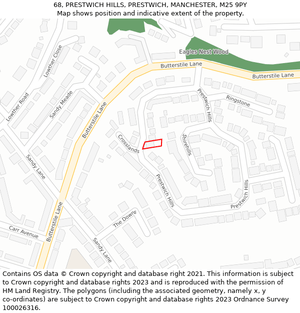 68, PRESTWICH HILLS, PRESTWICH, MANCHESTER, M25 9PY: Location map and indicative extent of plot