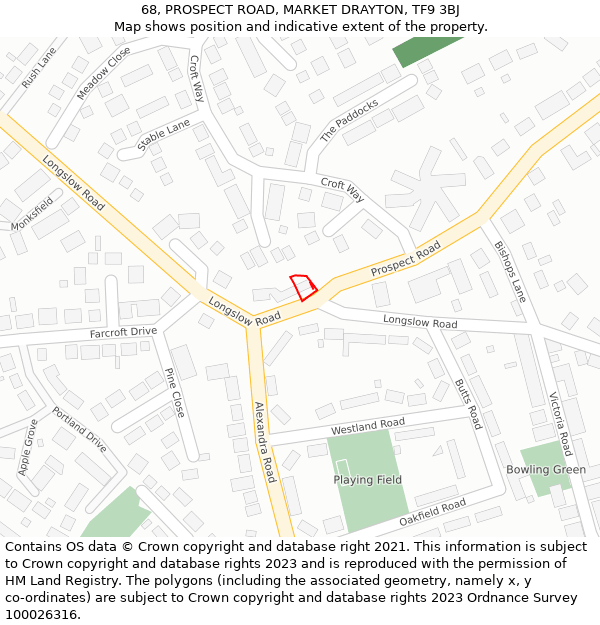 68, PROSPECT ROAD, MARKET DRAYTON, TF9 3BJ: Location map and indicative extent of plot