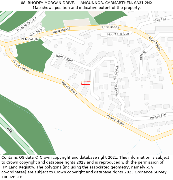 68, RHODFA MORGAN DRIVE, LLANGUNNOR, CARMARTHEN, SA31 2NX: Location map and indicative extent of plot