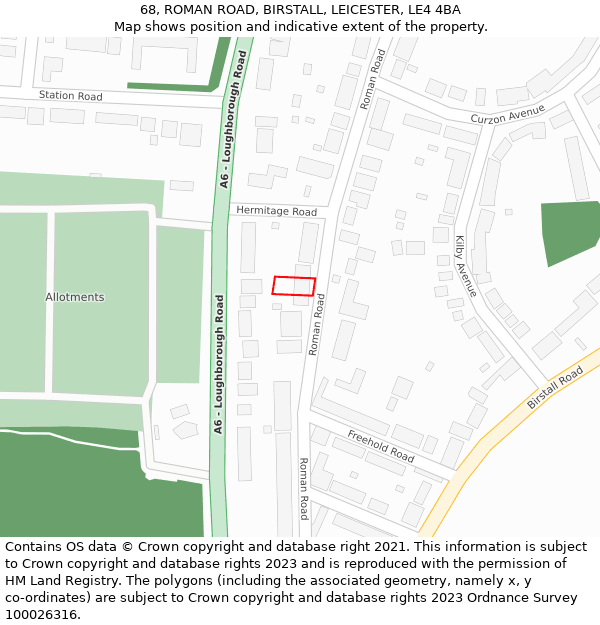 68, ROMAN ROAD, BIRSTALL, LEICESTER, LE4 4BA: Location map and indicative extent of plot