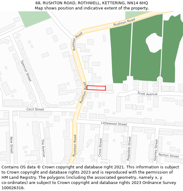 68, RUSHTON ROAD, ROTHWELL, KETTERING, NN14 6HQ: Location map and indicative extent of plot