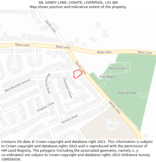 68, SANDY LANE, LYDIATE, LIVERPOOL, L31 4JN: Location map and indicative extent of plot