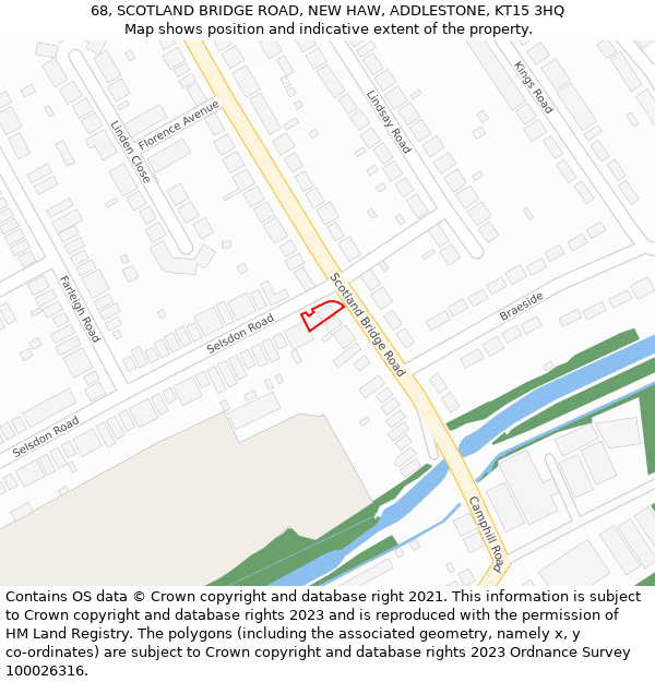 68, SCOTLAND BRIDGE ROAD, NEW HAW, ADDLESTONE, KT15 3HQ: Location map and indicative extent of plot
