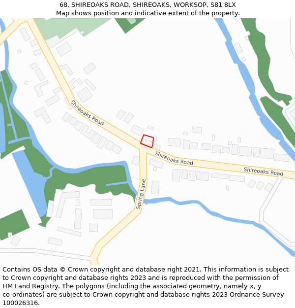 68, SHIREOAKS ROAD, SHIREOAKS, WORKSOP, S81 8LX: Location map and indicative extent of plot