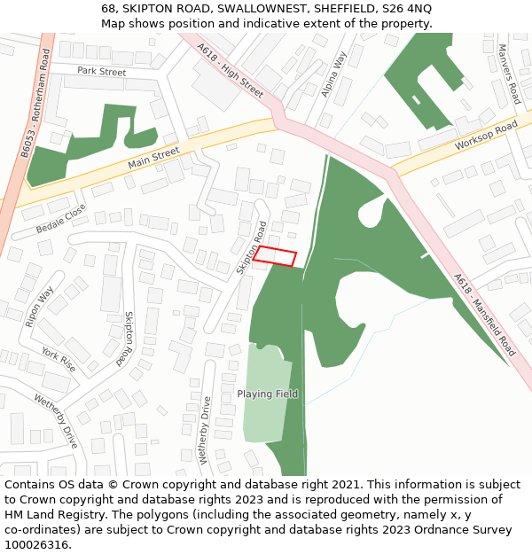 68, SKIPTON ROAD, SWALLOWNEST, SHEFFIELD, S26 4NQ: Location map and indicative extent of plot