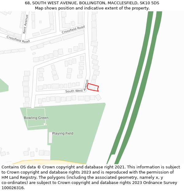 68, SOUTH WEST AVENUE, BOLLINGTON, MACCLESFIELD, SK10 5DS: Location map and indicative extent of plot