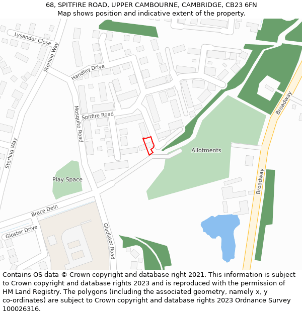 68, SPITFIRE ROAD, UPPER CAMBOURNE, CAMBRIDGE, CB23 6FN: Location map and indicative extent of plot