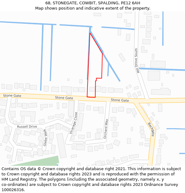 68, STONEGATE, COWBIT, SPALDING, PE12 6AH: Location map and indicative extent of plot