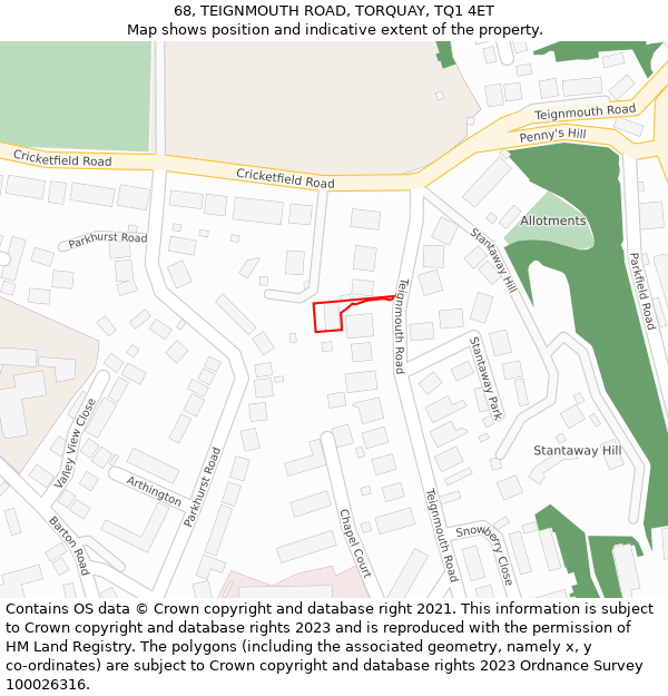 68, TEIGNMOUTH ROAD, TORQUAY, TQ1 4ET: Location map and indicative extent of plot