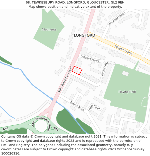 68, TEWKESBURY ROAD, LONGFORD, GLOUCESTER, GL2 9EH: Location map and indicative extent of plot