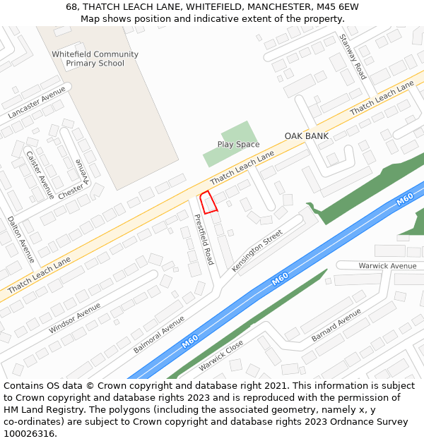 68, THATCH LEACH LANE, WHITEFIELD, MANCHESTER, M45 6EW: Location map and indicative extent of plot