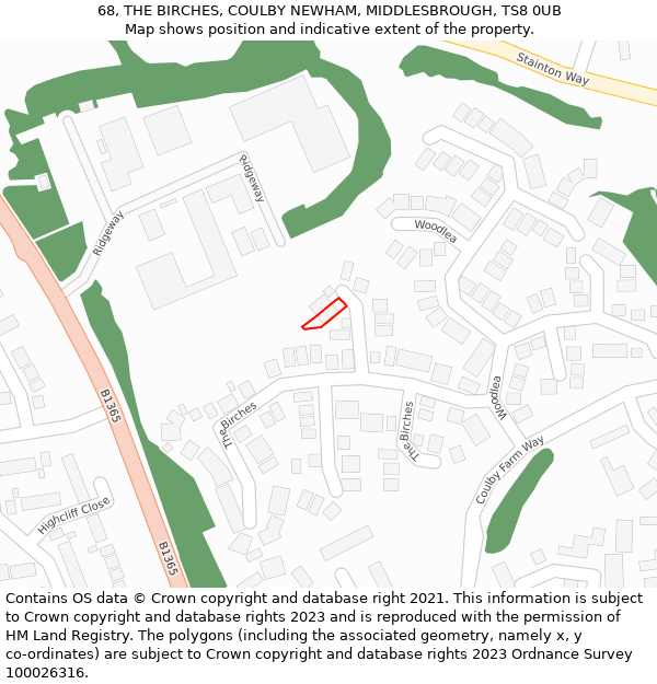 68, THE BIRCHES, COULBY NEWHAM, MIDDLESBROUGH, TS8 0UB: Location map and indicative extent of plot