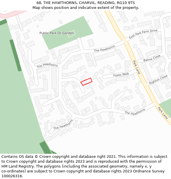68, THE HAWTHORNS, CHARVIL, READING, RG10 9TS: Location map and indicative extent of plot
